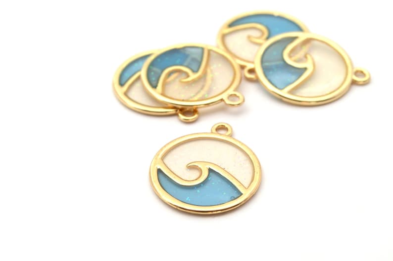 Sequin gold round pendant wave blue 23mm