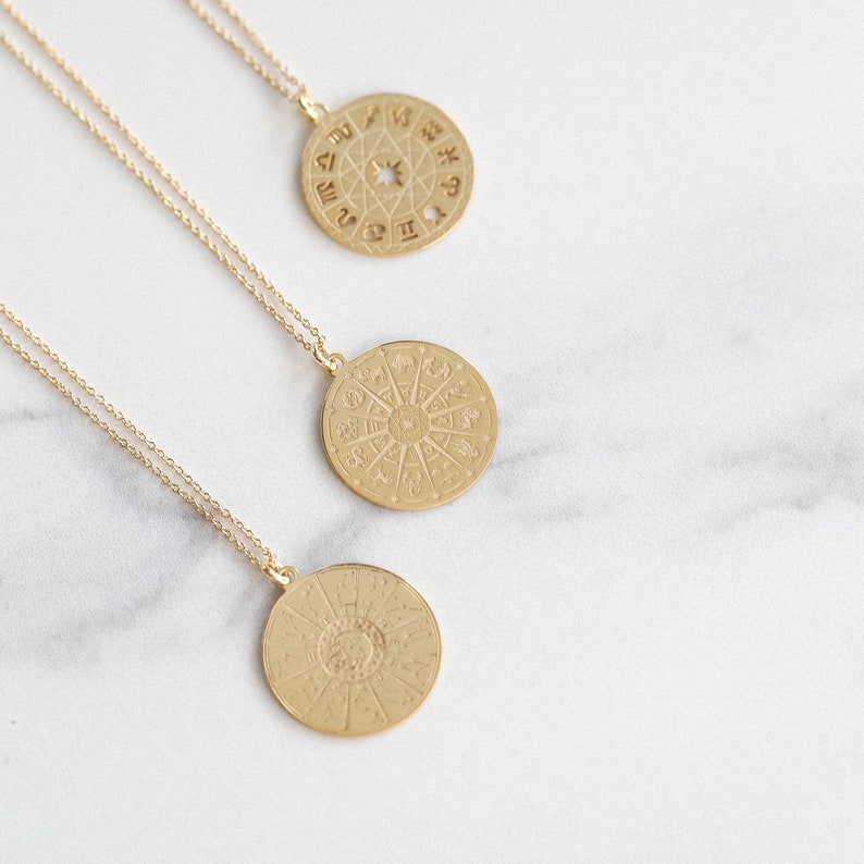 Small zodiac coin necklace gift vintage choker gold filled necklace boho gypsy nomad jewelry