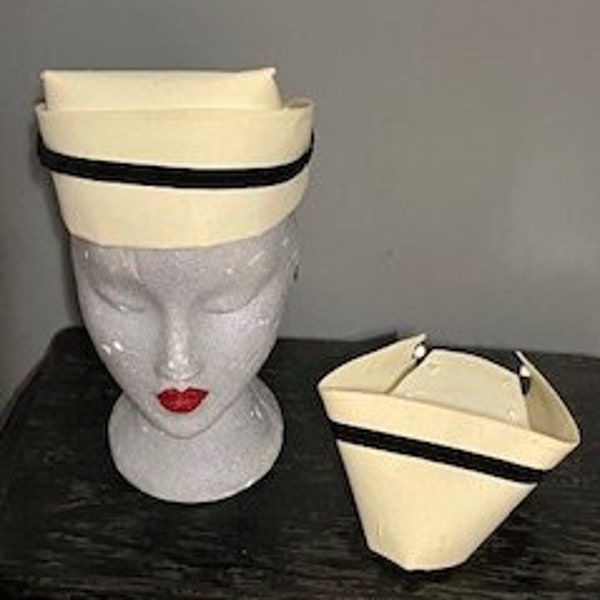 Vintage Nurses Caps. 1950s Lot of TWO, 2 Neva Starch Hats, White with Black Stripe, 1 NOS, New & Unused, Mint Mid-Century! Ships Free!