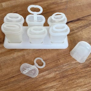 Puede incluir: Un juego de moldes de plástico transparente para polos con tapas y asas. Los moldes están dispuestos en una bandeja blanca, con una tapa y un molde suelto. Diseñado para hacer polos caseros.