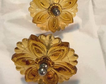 Vintage Curtain Tie Backs. 1920 Amber Glass Pair, Floral Design, 3 Inch, Great Condition & Ships Free.