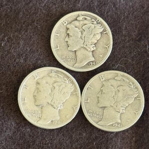 Vintage Silver Mercury Dimes. Lot of THREE 1941 Dimes. The Set 1941-D, S, & Plain.  Good Circulated Condition. Ships Free.