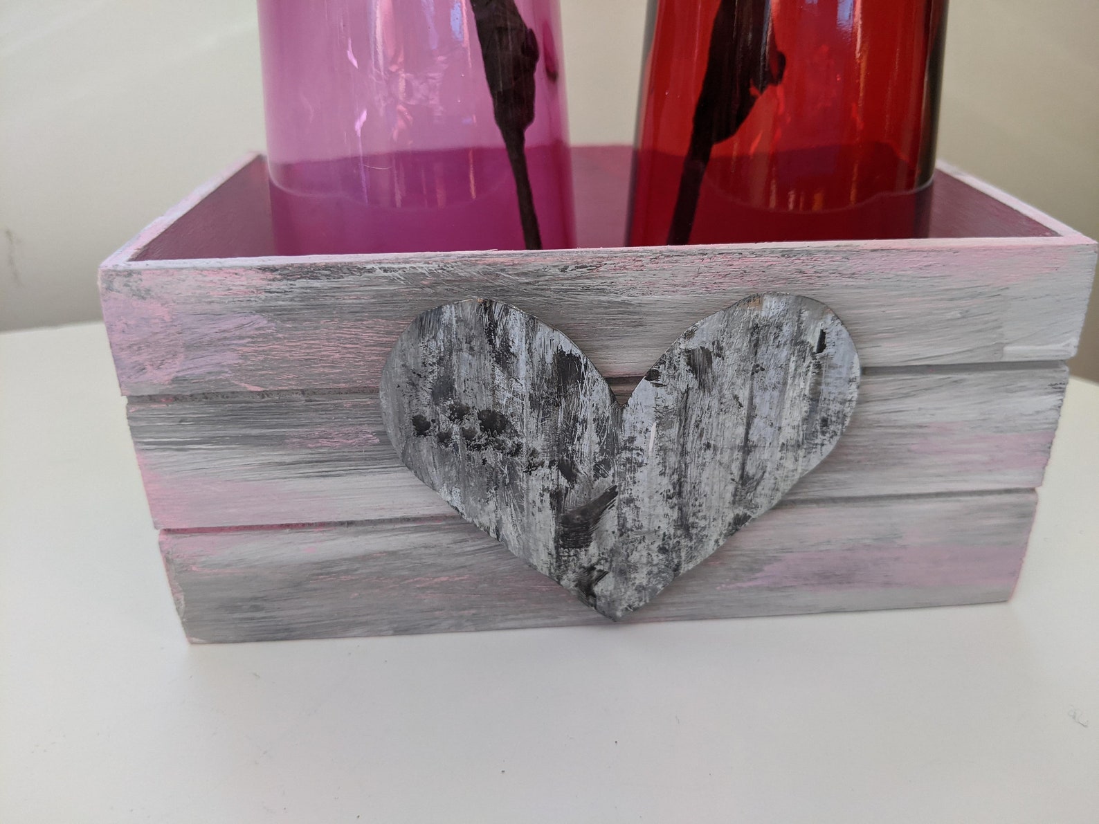 Valentine's Day Glass Vases With Roses Set of Two in Wooden Heart Crate Rustic Farm House Style