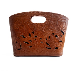 Hand-tooled leather bag - Cut-Out Hand-Tooling Bag - Tooled tote - Tan Leather Bag Aloha