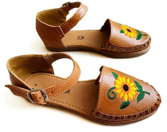 Huarache-Sandale für Damen, mexikanische Huaraches aus Leder, bestickte Sonnenblume