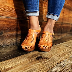 Platform Heels Leather Mexican Huaraches, Sand