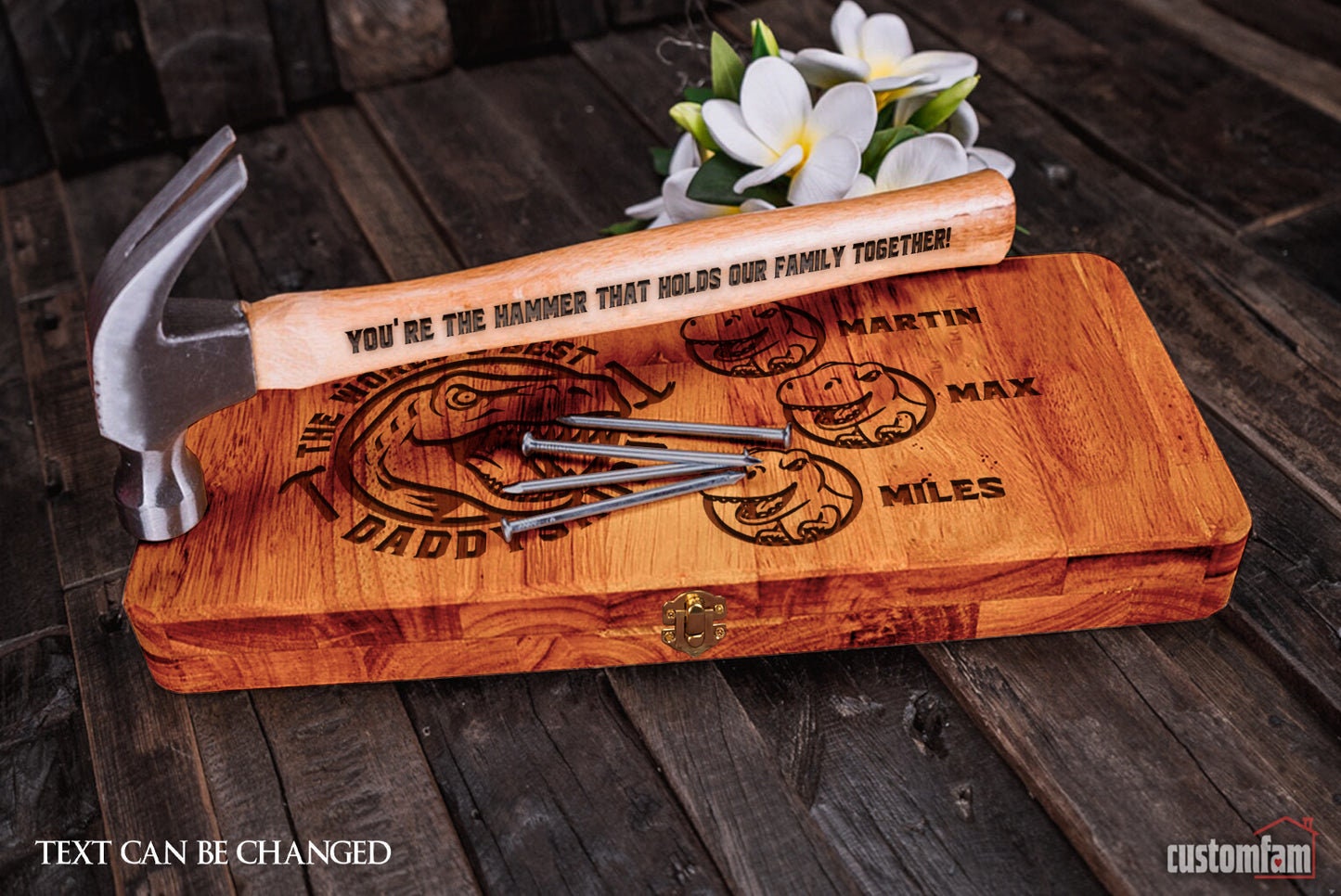 Fathers Day Gifts for Dad 2024, The World&#39;s Best Daddysaurus Personalized Engraved Gift Hammer, Wooden Box And Nails Set, Gifts For Dad