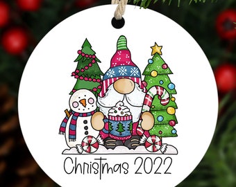 Whimsical Personalized Christmas Ornament, Santa and Snowman
