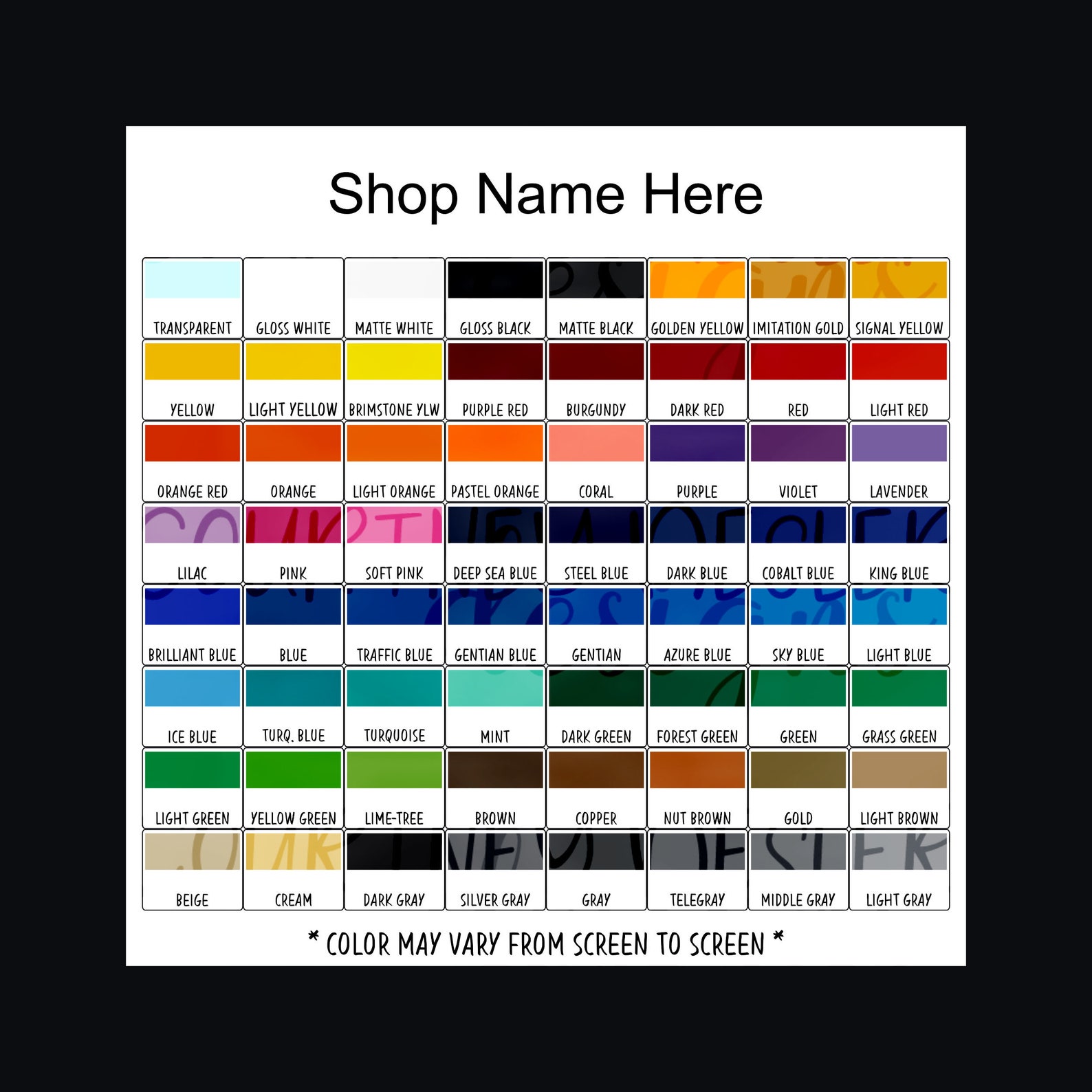 2k by 2k Oracal 651 Vinyl Color Chart Digital Download PNG | Etsy