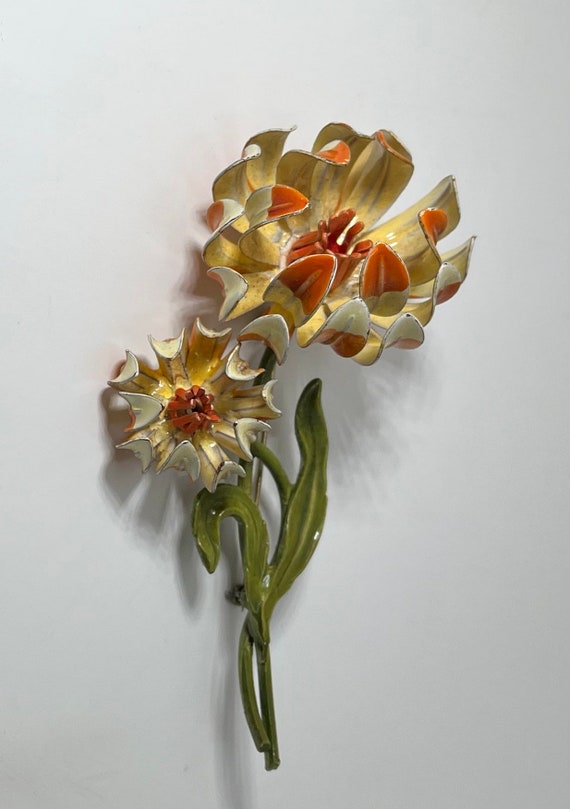 Vintage Metal Flower Brooch, Orange/Yellow/Green, 