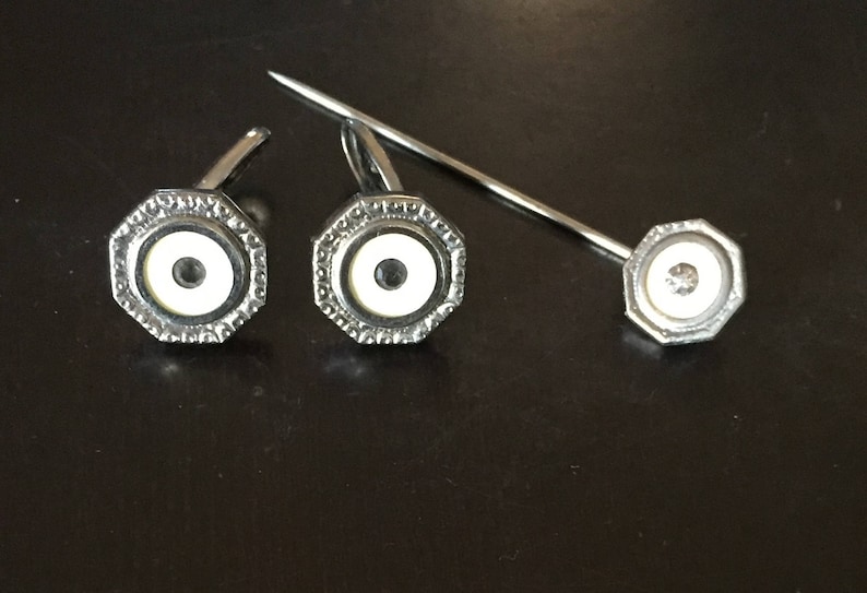 1920s Silver Metal w White Cufflink and Matching Lapel Pin Sapphire colored stones