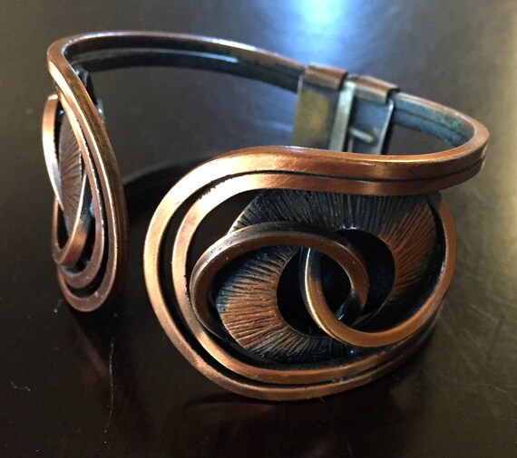 Vintage Copper Metal Cuff Spring Abstract Bracele… - image 2