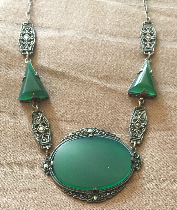 Antique original Art Deco Chrysoprase Marcasite N… - image 2