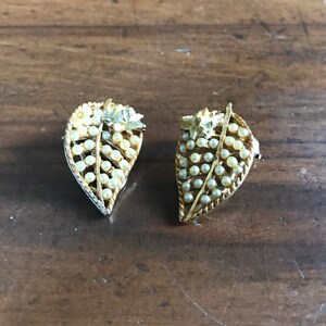 Vintage Gold and White Leaf Shaped Clip-On Earrings - Signed BSK