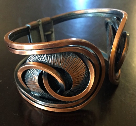 Vintage Copper Metal Cuff Spring Abstract Bracele… - image 1