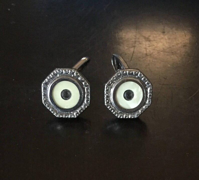 1920s Silver Metal w White Cufflink and Matching Lapel Pin Sapphire colored stones