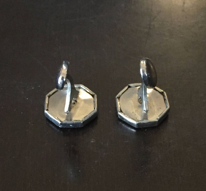 1920s Silver Metal w White Cufflink and Matching Lapel Pin Sapphire colored stones