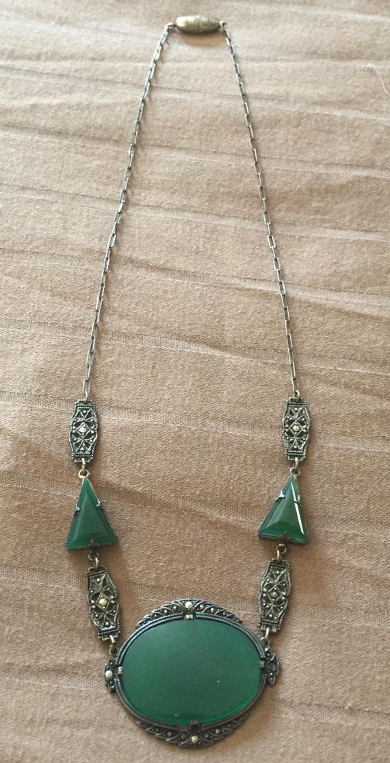 Antique original Art Deco Chrysoprase Marcasite N… - image 1