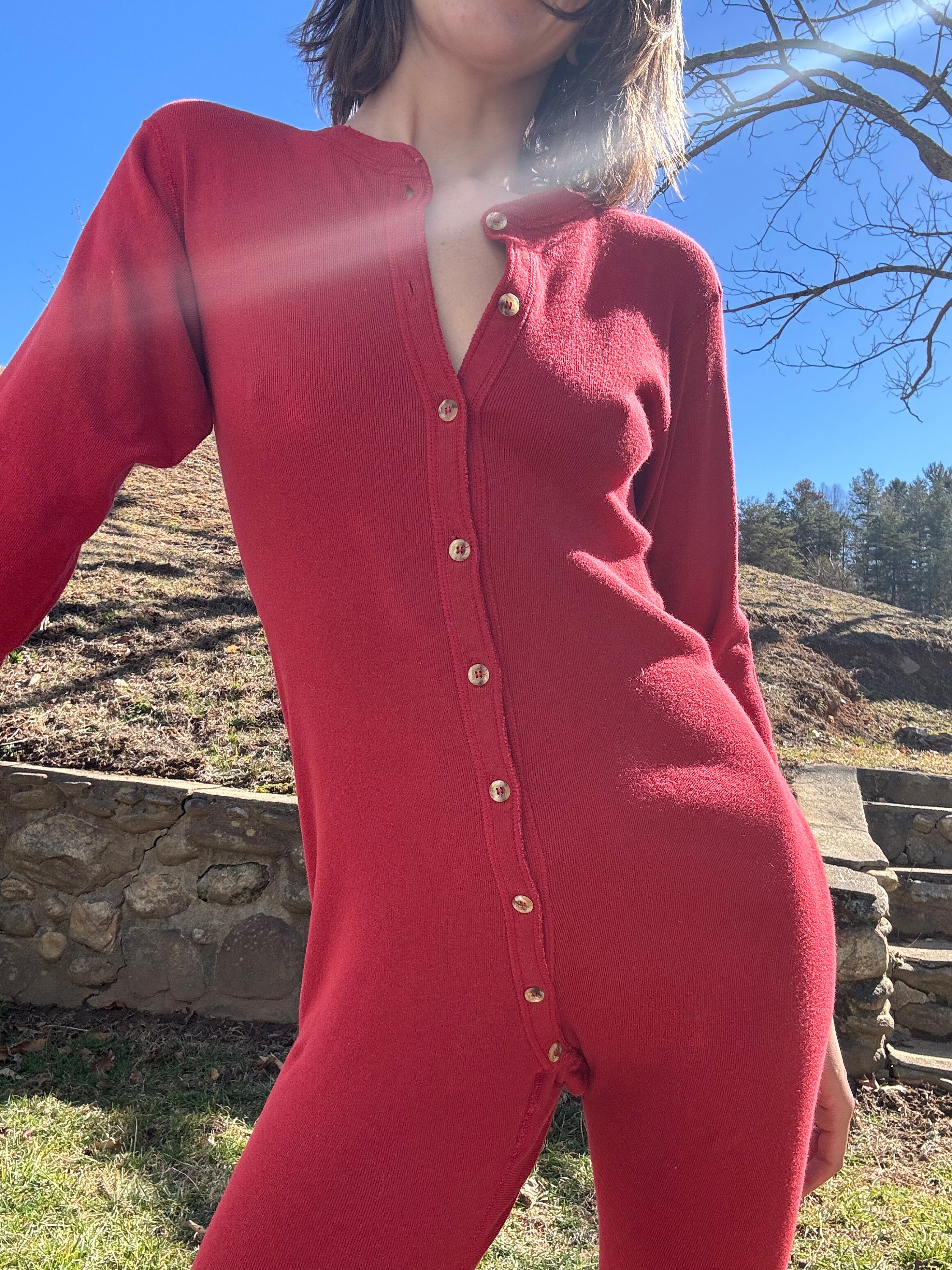 Vintage Red Union Suit, Waffle Weave Long Johns Thermal Underwear