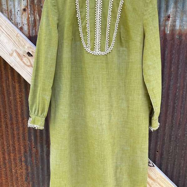 60s Fritzi of California Olive Green Shift Dress, Medium