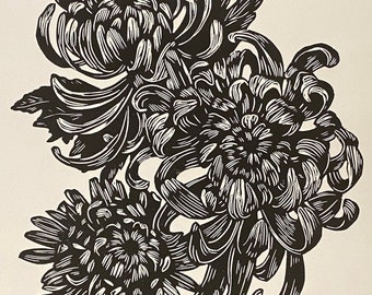 Chrysanthemums, linocut art print