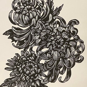 Chrysanthemums, linocut art print image 1