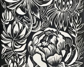 Original Linocut Block print, "Rose and Succulents" made by Robyn Denny