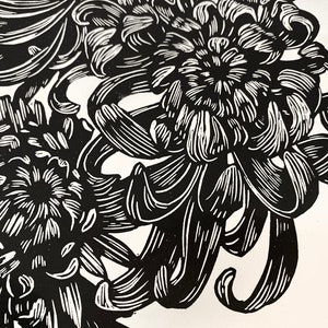 Chrysanthemums, linocut art print image 2