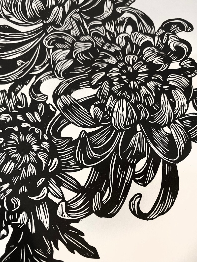 Chrysanthemums, linocut art print image 2