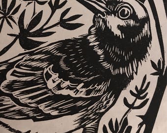 Original Linocut Block Print "Mockingbird," Wall Art Print, Handmade by Robyn Denny