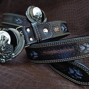 Leather belt, personalised belt, gift for men, hunter gift, tooled belt, customized belt, personalised gift, wolf belt, wolves belt.