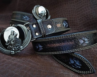 Ceinture en cuir, ceinture personnalisée, cadeau pour homme, cadeau de chasseur, ceinture estampée, ceinture personnalisée, cadeau personnalisé, ceinture de loup, ceinture de loups.