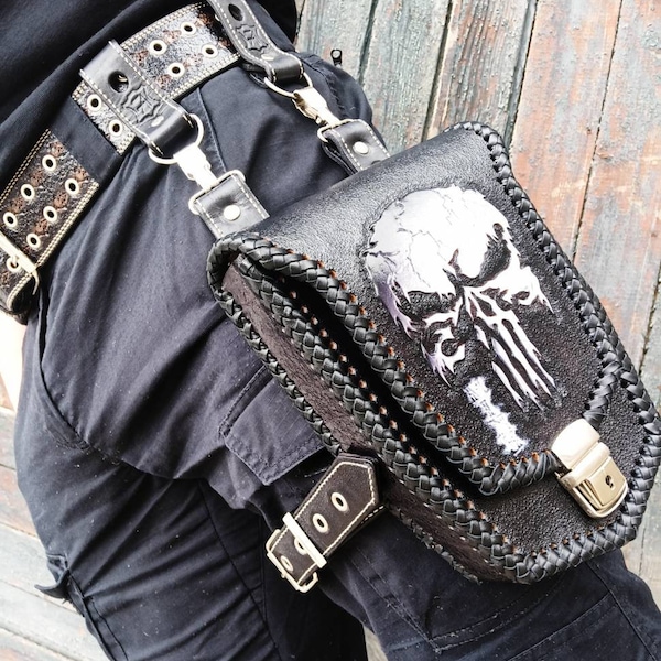 Leather utility belt,hip bag, Leather leg holster, steampunk leg bag, biker bag, Belt bag, personalised belt, punisher, personalised gift.