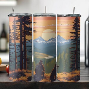 Friedlicher Sonnenaufgang-Hund, der Berge wandert 20 Unzen Tumbler Sublimationsentwurf, digitaler Download PNG, sofortiger Download, plus übergroße PNG