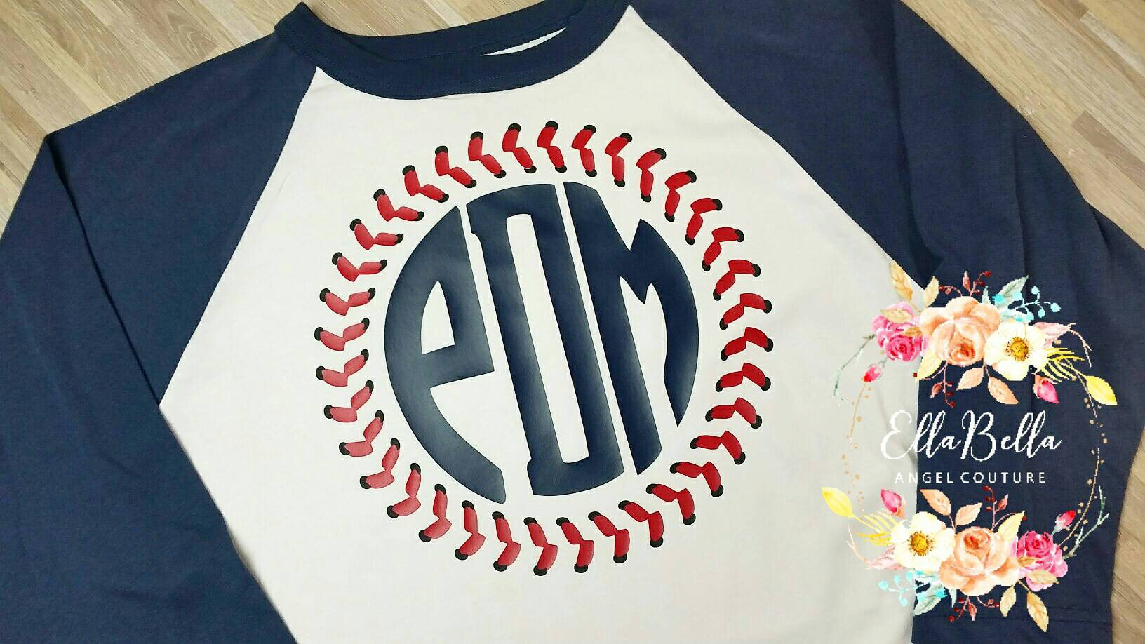 3-D Baseball and Softball stitching Circle Monogram T-shirt or Raglan