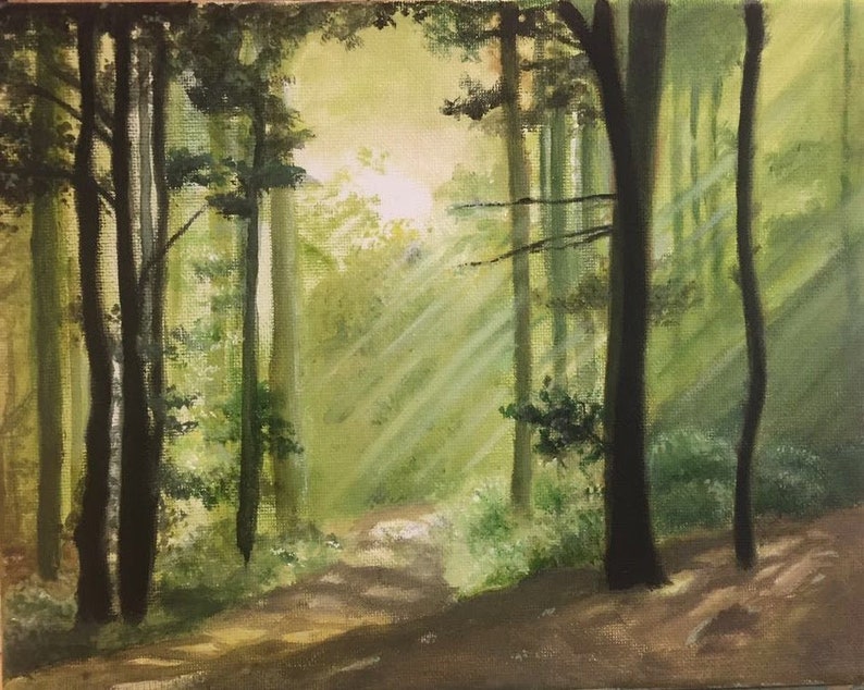 May include: A painting of a forest scene with tall trees and sunlight streaming through the leaves. The trees are painted in shades of green and brown, and the sunlight is a bright yellow.