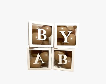 Baby Balloon Boxes (Brown) - DIY Balloon Kit - Brown Baby Shower Balloons with Peel and Stick 'B A B Y' Letters. - Neutral Baby Shower
