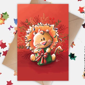 Carte de voeux papier 350g avec Illustration Originale Lion et guirlandes pour Noël Nouvel An