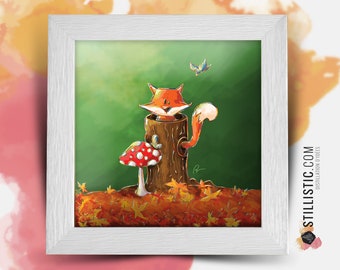 Square frame with Illustration Little fox in the forest for Baby Child's Room 25x25cm