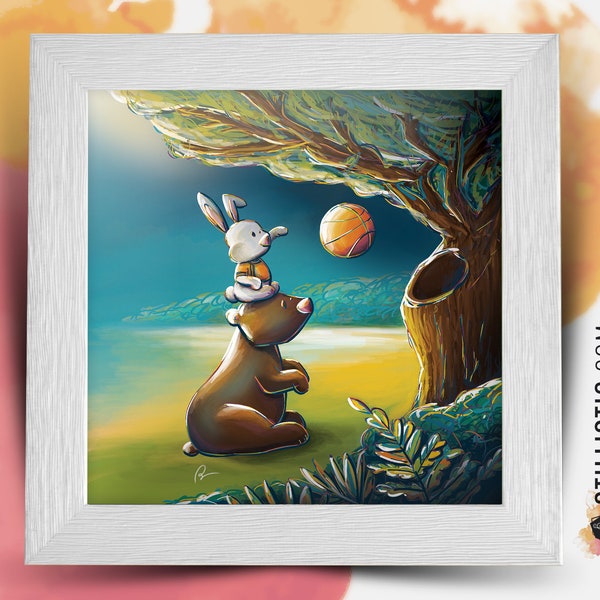 Square frame with Illustration Bear and Rabbit Basket for Baby Child Room 25x25cm