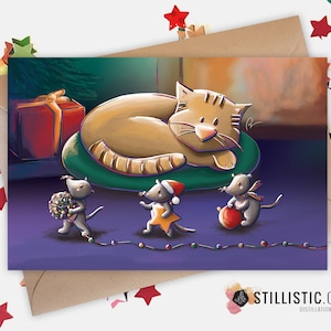 Carte de voeux papier 350g avec Illustration Originale Chat et souris pour Noël Nouvel An