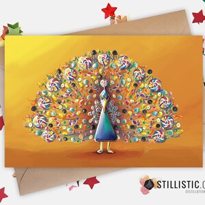 Carte de voeux papier 350g avec Illustration Originale Paon Bonbons pour Fête des mères Amitié Anniversaire