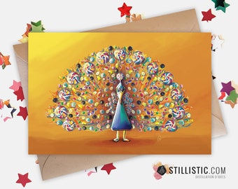 350g Paper Greeting Card with Original Illustration Peacock Candy for Mother's Day Friendship Birthday