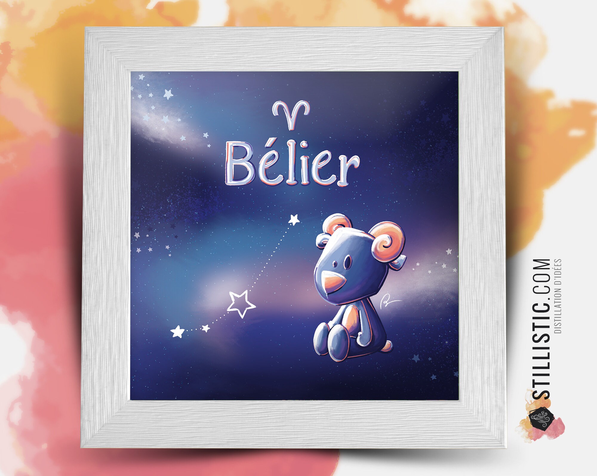 Cadre Carré avec Illustration Signe Astrologique Bélier Phosphorescent Pour Chambre Enfant Bébé 25x2