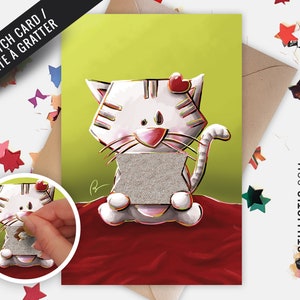 Carte de voeux papier 350g  à gratter avec Illustration Originale Chat bague demande en mariage pour Saint-Valentin