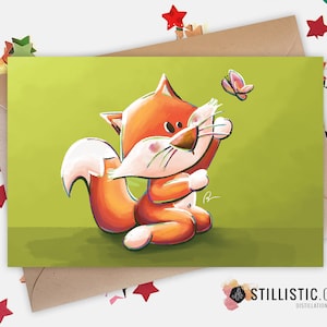 Carte de voeux papier 350g avec Illustration Originale Renard et papillon pour Naissance Amitié Anniversaire