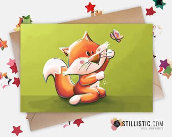 Paper Greeting Card 350g with Original Illustration Fox and Butterfly for Birth Friendship Birthday