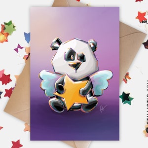 Carte de voeux papier 350g avec Illustration Originale bébé ange panda et étoile pour Anniversaire Naissance