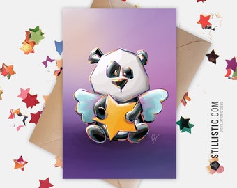 350g Paper Greeting Card with Original Illustration Baby Angel Panda and Star for Birthday Birth