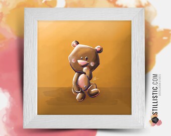 Square frame with Illustration Little shy bear for Baby Nursery 25x25cm